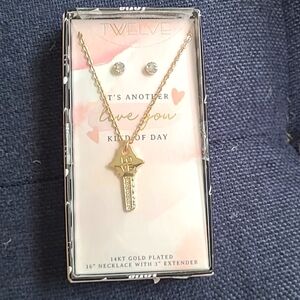 Twelve 14KT Gold Plated 16" Love Key Necklace 3" Extender Crystal Stud Earrings